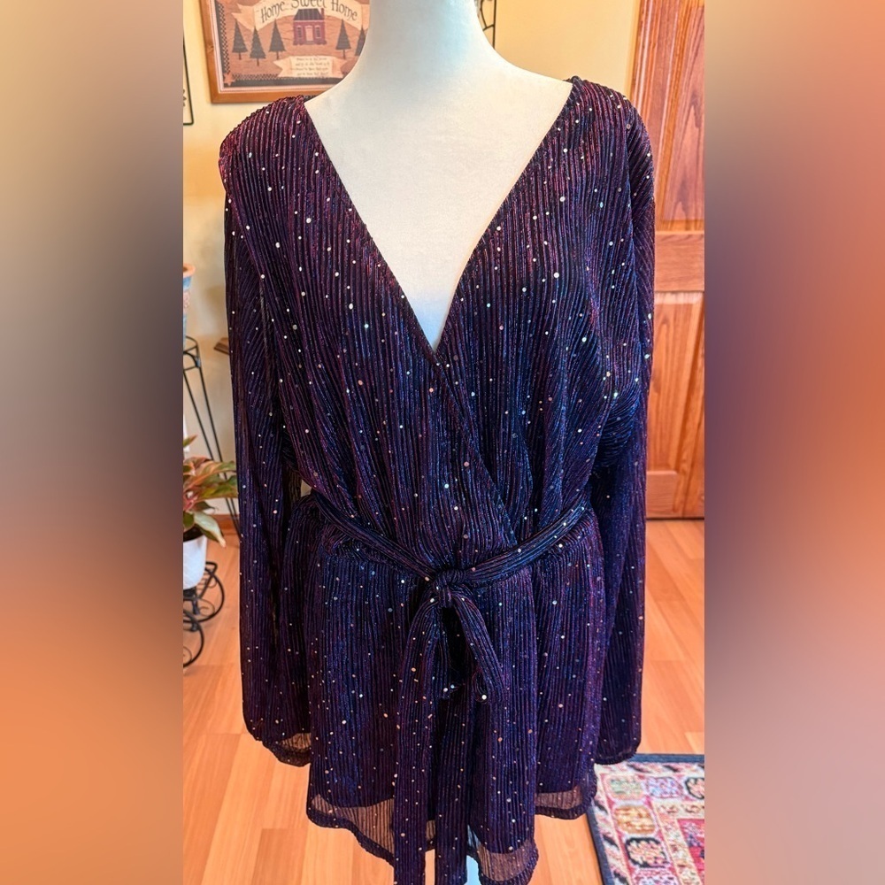 NWT Bloomchic Sequin Mesh Lantern Sleeve Belted Striped Blouse 22-24 Stretch - Picture 2 of 16